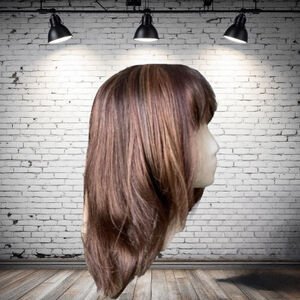 14” warm brown mixed colour highlighted wig w/ bangs